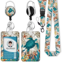Badge Holder with Lanyard, Badge Neck Strap with Card Holder, Retractable Badge Holder, Neck Strap with Swivel Lobster Clasp (Turtle)