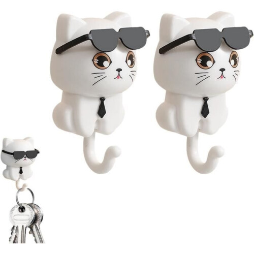 2 Cat-Shaped Hooks, Gravity Hooks Without Drilling, Cartoon Sunglasses Cat Keychain