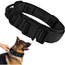 Military dog collar with adjustable nylon handle and sturdy metal buckle, black dog collar XL 50-59 cm (black)