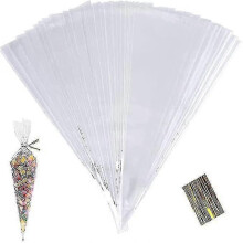 100pcs Clear Cone Bags, Sweets Cellophane Treat Bags, 25x13cm Plastic Candy Triangle Bags with Twist Ties for Food