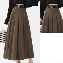 (S, Gray) High Waist Pleated Midi Skirt for Women Elegant A Line Designs with Adjustable Belt Fashion Autumn Streetwear coffee XL