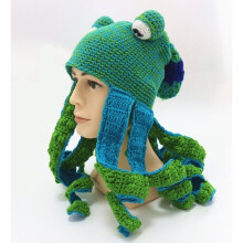 Knitted squid-shaped hat for men and women, crocheted with yarn, fun hat for autumn and winter, cover-up