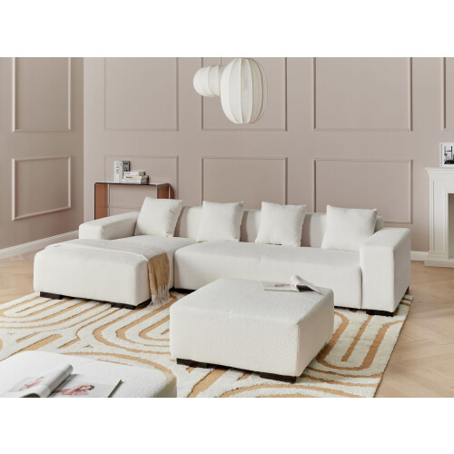 Beliani Corner Sofa 4 Seater LUNGO with Ottoman Boucle White Right Hand 1