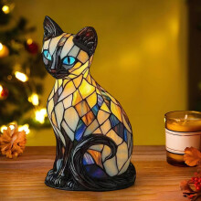 Handcrafted Stained Glass Cat Lamp with Warm Light Modes, USB Plug & Weighted Base – Compatible with Home/Office Decor