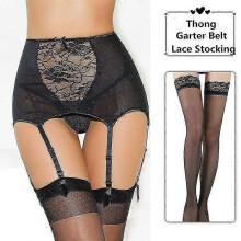 (Black With Stockings, M) Suspender belt for women with high waist and lace garter