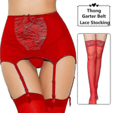 (Red With Stockings, M) Suspender belt for women with high waist and lace garter