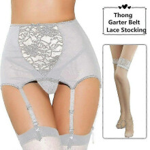 (White With Stockings, XL) Suspender belt for women with high waist and lace garter