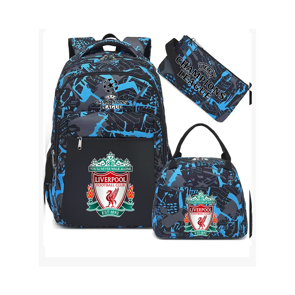 (Blue Liverpool) Football star peripheral backpack student schoolbag three-piece lunch bag pencil bag children men's style