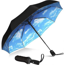 (Blue Sky) Strong Windproof Umbrella Automatic Open Portable Folding Umbrella for Rain and Daily Use