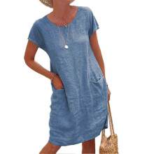 (Light Blue, 5XL) Comfortable cotton dress for women with short sleeves