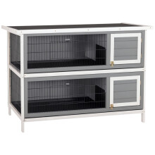 Jaula exterior para animales pequeños, ideal para cobayas y conejos enanos, de dos pisos, de madera, color gris.