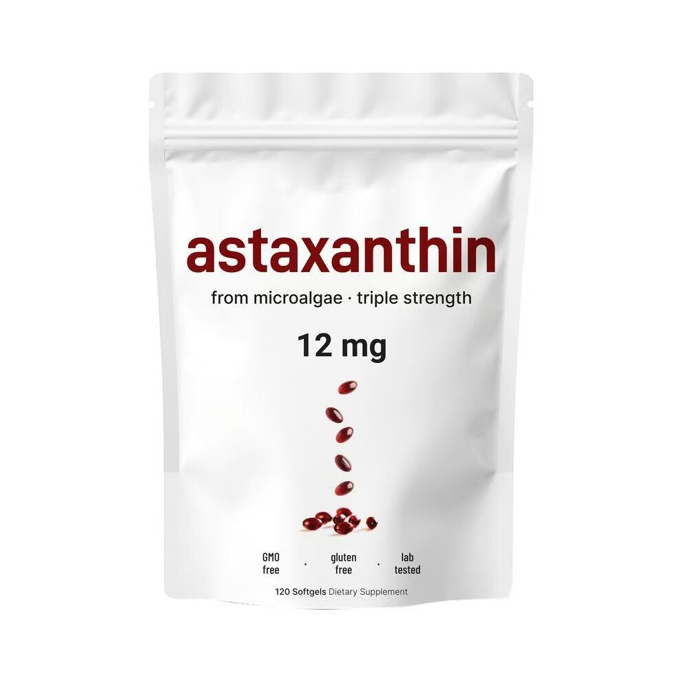(3PCS) Astaxanthin 12mg, 120 softgels 4 monthly Supply, Natural Tanning, Fresh Microalgae Source, Easy to Swallow