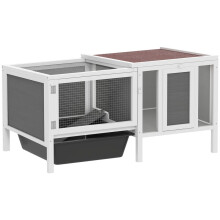Conejera de madera con corral, rampa, 3 entradas, bandeja extraíble, 105 x 57,5 x 51,5 cm, gris