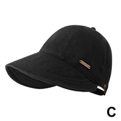 (Black) Foldable Wide Brim Sun Hat Drawstring Adjustable Caps Beach Hats Summer