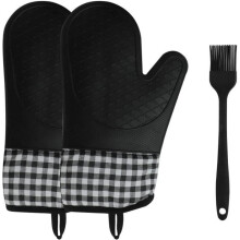 1 pair of WOVTE cotton and silicone oven gloves and 1 brush - Heat resistant - Anti-scald - Black
