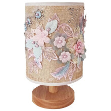 Eease Mushroom Table Lamp USB Floral Textile Vintage Wooden Bedside Lamp