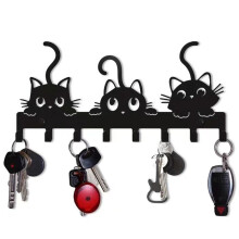 Wall-mounted cat key holder, black metal, modern style, 7 hooks for kitchen, entryway, towels, unique decorative coat rack