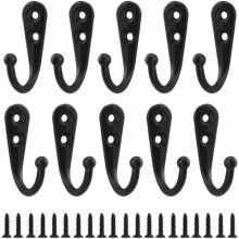 10pcs Retro Black Metal Coat Hooks, Individual Screw-in Wall Mounted Coat Hooks, Vintage Wall-Mounted Coat Rack, 20 Screws