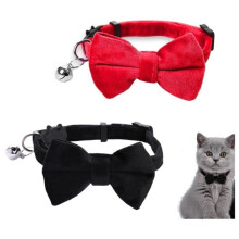 Cat Collar - Set of 2 - Red and Black Velvet - Adjustable - With Bell and Bow Tie