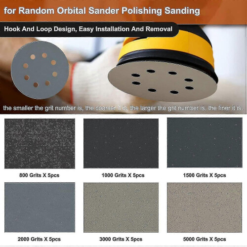 30pcs 5-inch Sanding Disc Sets, Hookloop 5-inch 8-hole Combination (800/1000/1500/2000/3000/5000) Sandpaper