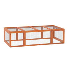 Recinto exterior para animales pequeños, techo abatible, madera de abeto, color naranja.