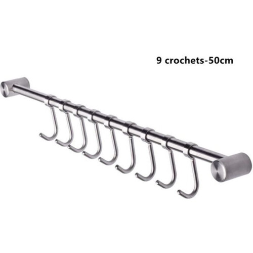 Kitchen Hook Rail - Stainless Steel - 50cm - 9 Removable Hooks - Practical - Easy to Install