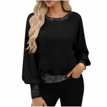 Tops Solid Color for Women Loose Fit Glitter Long-Black M