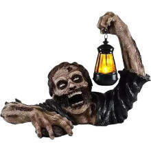 Halloween Zombie Statue - Scary Model - LED Lantern - Durable Resin - White - Indoor/Outdoor
