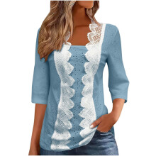 Women's elegant top with 3/4 sleeves, button lace trim,-Blue L