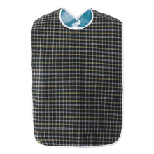 Apricot, gray, yellow waterproof bib for disabled adults. Clothing protection. Checkered apron.