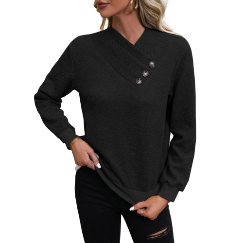 Women's casual long-sleeved button-down sweatshirt,-Black M
