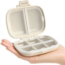 1 Travel Pill Box – 6+2 Compartments – Compact and Removable – For Vitamins and Medications – Beige