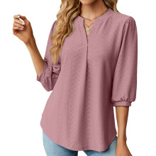 Women's solid color V-neck jacquard loose long-sleeved-Pink XXL