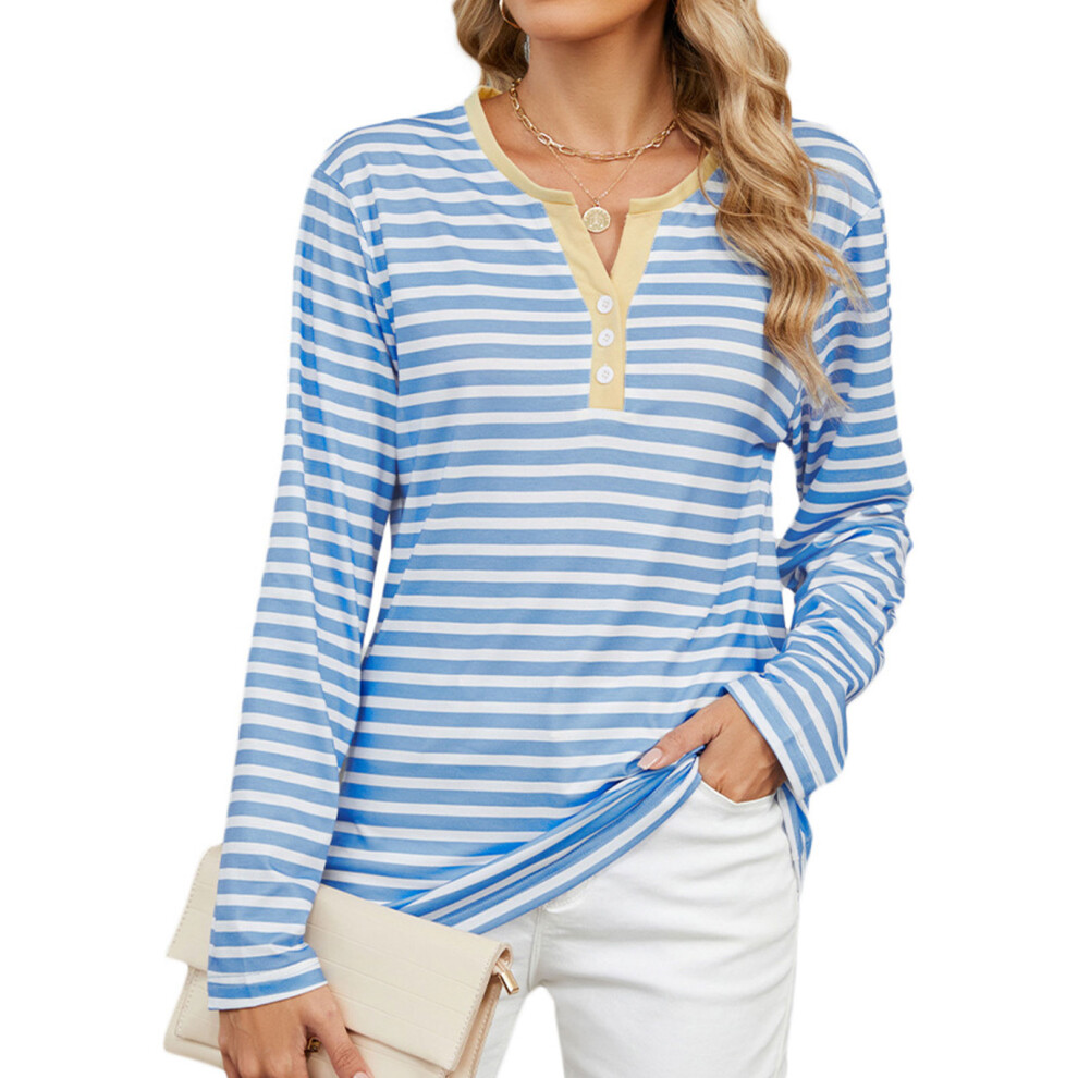Women's Autumn Long-Sleeved Striped Henley Shirt,-Blue XL