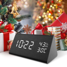 LED Digital Alarm Clock, Sound Control, Wooden Alarm Clock with Digital Temperature and Humidity Display for Home