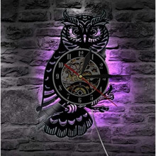 Owl Wall Clock, Owl Vinyl Record Wall Clock with LED Light, Luminous Living Room Home Decoration Clock, Gift