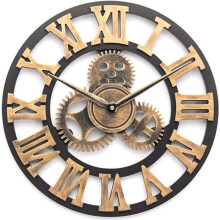 40CM 3D Antique Quartz Wall Clock, Wooden Gear, Industrial Style, Roman Numerals, Luxury Handmade Gold Hook