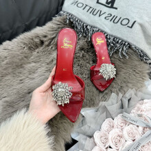 (Burgundy stiletto heels, 8cm x 34) Rhinestone Stunning High Heel Slide Sandals, Premium Non-Tiring Pointed Toe High Heels for Women