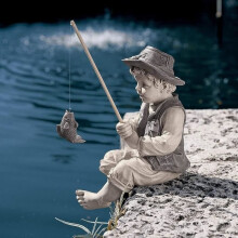 Gone Fishing Boy Garden Statue - The Little Fisherman - Outdoor Garden Ornament - Fisherman Figurine - Stone Effect Finish