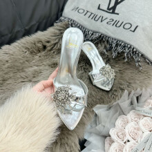 (Silver stiletto heels 8cm38) Rhinestone Stunning High Heel Slide Sandals, Premium Non-Tiring Pointed Toe High Heels for Women
