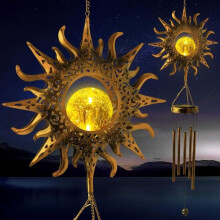 Solar wind chime – LED crackled glass ball, hollow metal moon design, outdoor decoration for garden, terrace,