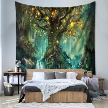 Decorative wall tapestry with a Mysterious Tree of Life and Fireflies print, suitable for living room or bedroom, 200 x 150 cm