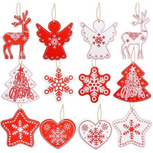 12 Christmas tree ornaments, wooden pendants, 6 styles, creative decorations for DIY Christmas parties, red and white