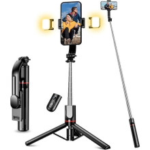 116cm Selfie Stick with Upgraded Tripod, 2 Auxiliary Lights, Phone Tripod with Detachable Remote Control, Black