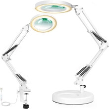 Metal LED lamp with magnifying glass, swing arm, 3 color modes, 4.1 cm diameter lens, adjustable industrial clamp (white)