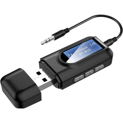 Bluetooth 5.0 Adapter Transmitter with LCD Screen, 3-in-1 Wireless Receiver and Transmitter, Dual 3.5mm Jack Connection
