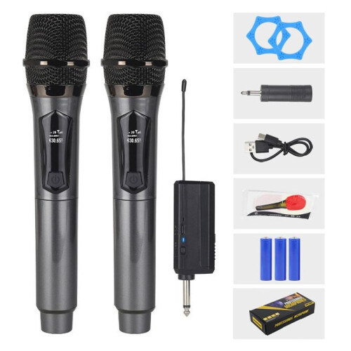 Wireless Microphone, Professional Dual Handheld Dynamic Microphone with Rechargeable Receiver, 40 Hour Battery Life, 60m Range, (Grey)