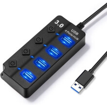 USB Hub - ABURNUDREY - 4 USB 3.0 Ports - Individual Power Buttons - Plug and Play - Black