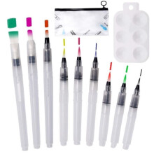 LAOYE 9 Pcs Water Brush Set - Watercolor Pen + Mini Palette + Storage Bag, Watercolor Brush Kit with Reservoir