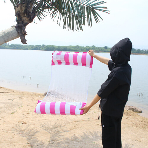(Rose-red striped floating bed) Inflatable Hammock Pool Water Play Folding Lounger Floating Bed Mesh Float Raft